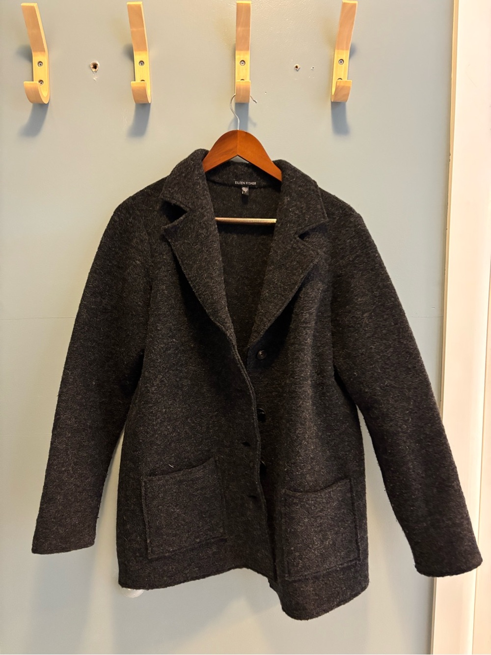 Eileen Fisher Dark Charcoal Button-Front Wool Blend Blazer